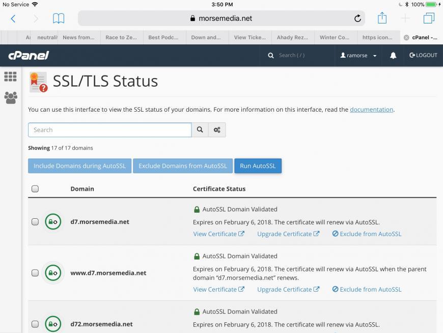 A screen shot of the SSL/TLS status page in cPanel